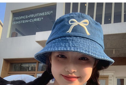 Embroidered Bucket Hat Bow Denim