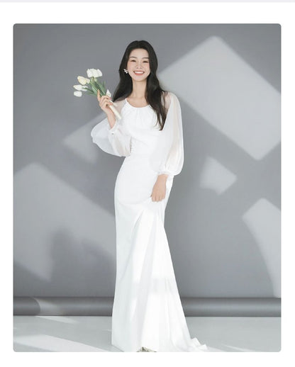 Long-Sleeve Plain Sheath Wedding Gown