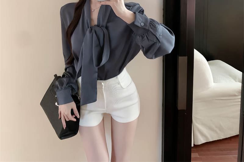 Long-Sleeve Tie-Neck Plain Blouse