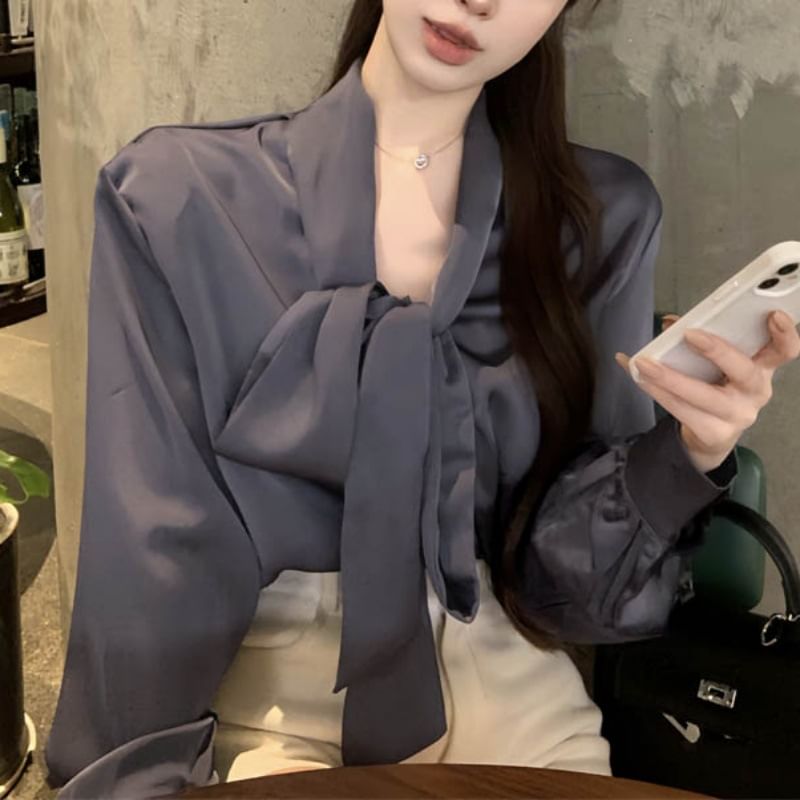 Long-Sleeve Tie-Neck Plain Blouse