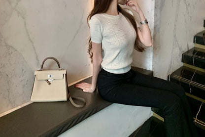 Short-Sleeve Round Neck Plain Pointelle Knit Top