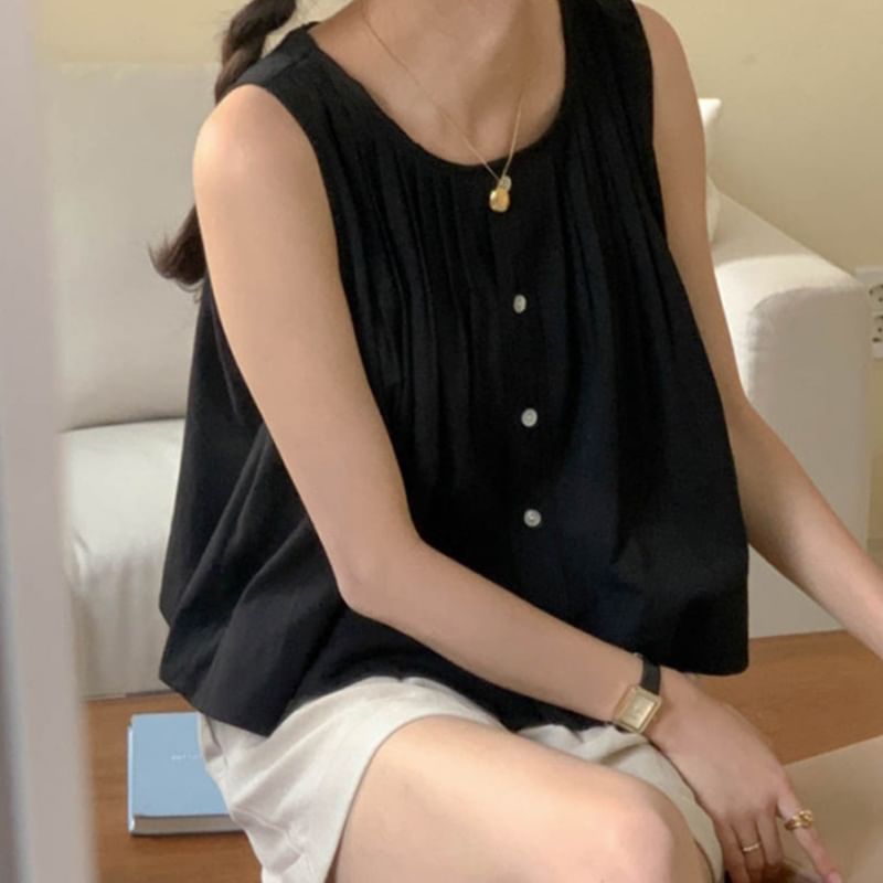 Sleeveless Plain Pintuck Button-Up Blouse