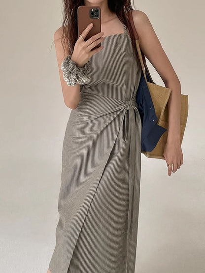 Thin Strap Striped Tie-Side Midi A-Line Dress