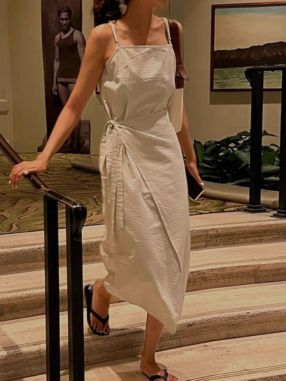 Thin Strap Striped Tie-Side Midi A-Line Dress