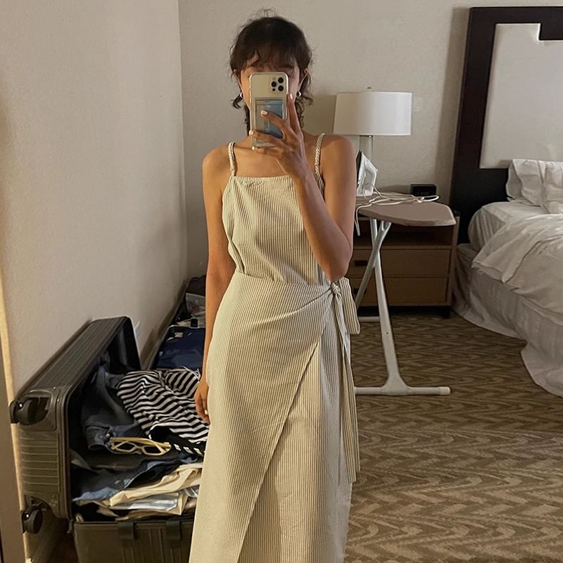 Thin Strap Striped Tie-Side Midi A-Line Dress