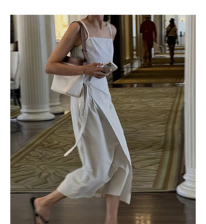 Thin Strap Striped Tie-Side Midi A-Line Dress