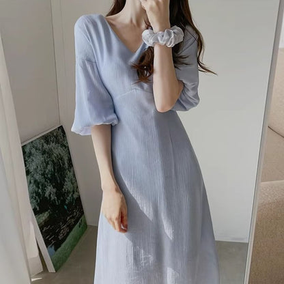Puff-Sleeve V-Neck Plain Midi A-Line Dress