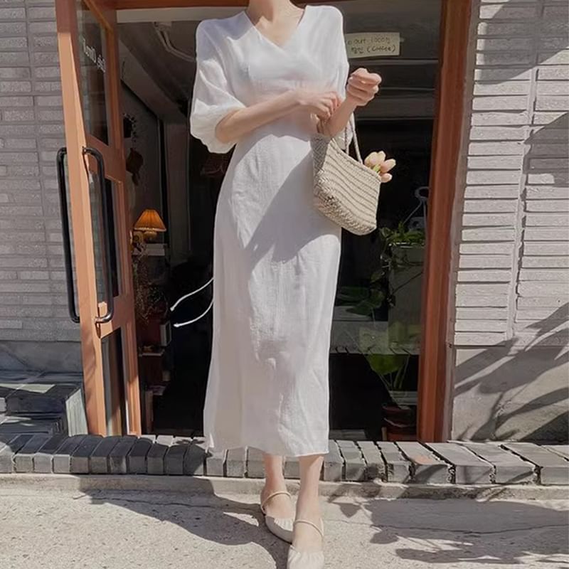 Puff-Sleeve V-Neck Plain Midi A-Line Dress