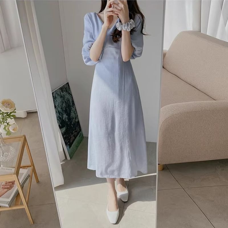 Puff-Sleeve V-Neck Plain Midi A-Line Dress