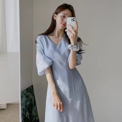 Puff-Sleeve V-Neck Plain Midi A-Line Dress