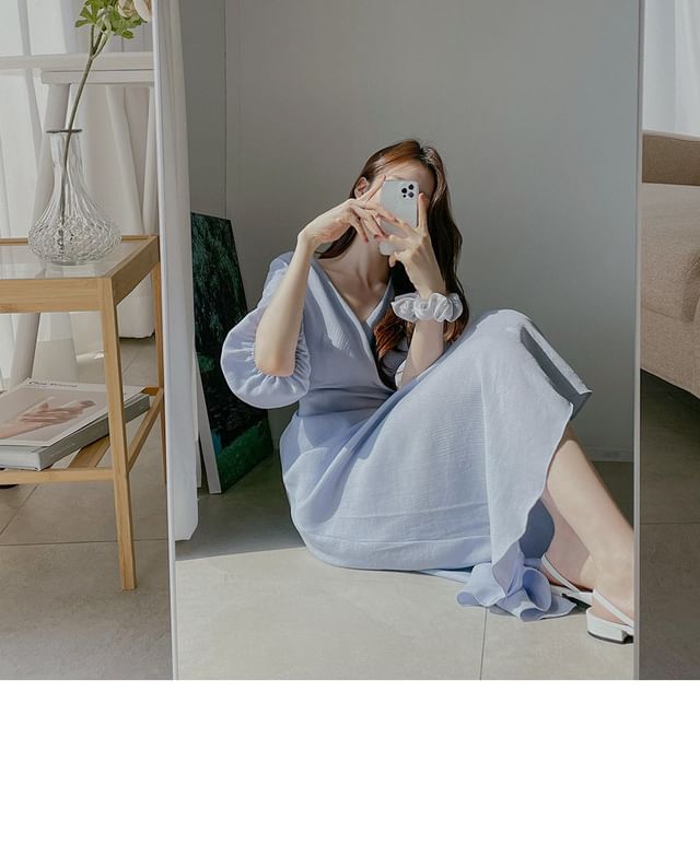 Puff-Sleeve V-Neck Plain Midi A-Line Dress