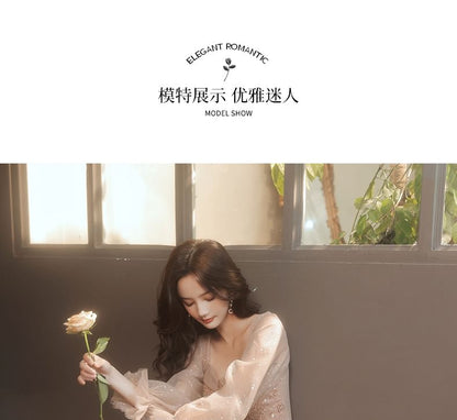 Puff-Sleeve V-Neck Sequin Mesh A-Line Evening Gown / Dress