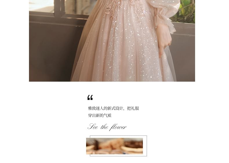 Puff-Sleeve V-Neck Sequin Mesh A-Line Evening Gown / Dress