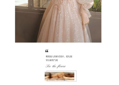Puff-Sleeve V-Neck Sequin Mesh A-Line Evening Gown / Dress