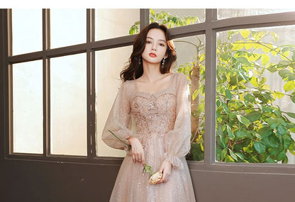 Puff-Sleeve V-Neck Sequin Mesh A-Line Evening Gown / Dress