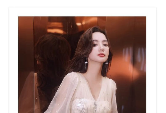 Puff-Sleeve V-Neck Sequin Sheath Evening Gown