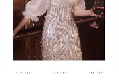 Puff-Sleeve V-Neck Sequin Sheath Evening Gown