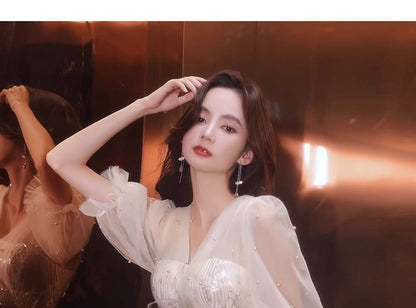 Puff-Sleeve V-Neck Sequin Sheath Evening Gown