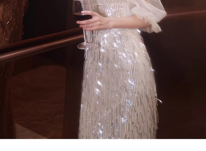 Puff-Sleeve V-Neck Sequin Sheath Evening Gown