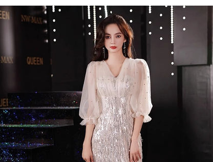 Puff-Sleeve V-Neck Sequin Sheath Evening Gown