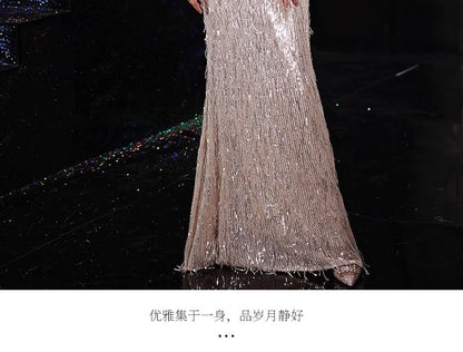 Puff-Sleeve V-Neck Sequin Sheath Evening Gown
