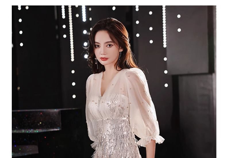 Puff-Sleeve V-Neck Sequin Sheath Evening Gown