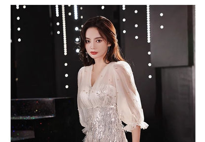 Puff-Sleeve V-Neck Sequin Sheath Evening Gown