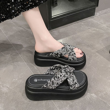 Platform Floral Jacquard Slide Sandals