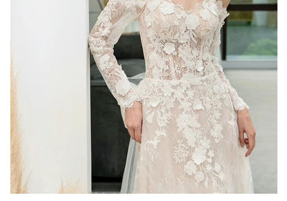 Off-Shoulder Long-Sleeve A-Line Lace Wedding Gown