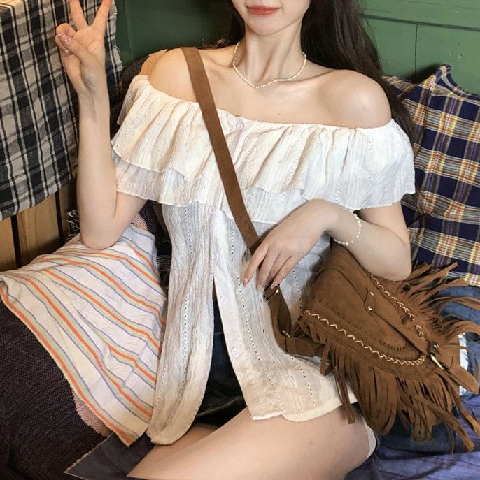 Short-Sleeve Off Shoulder Plain Ruffle Blouse