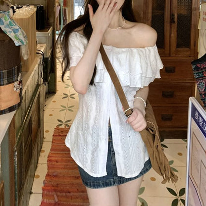 Short-Sleeve Off Shoulder Plain Ruffle Blouse