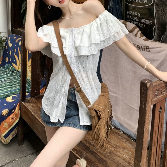 Short-Sleeve Off Shoulder Plain Ruffle Blouse