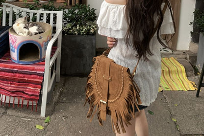 Short-Sleeve Off Shoulder Plain Ruffle Blouse