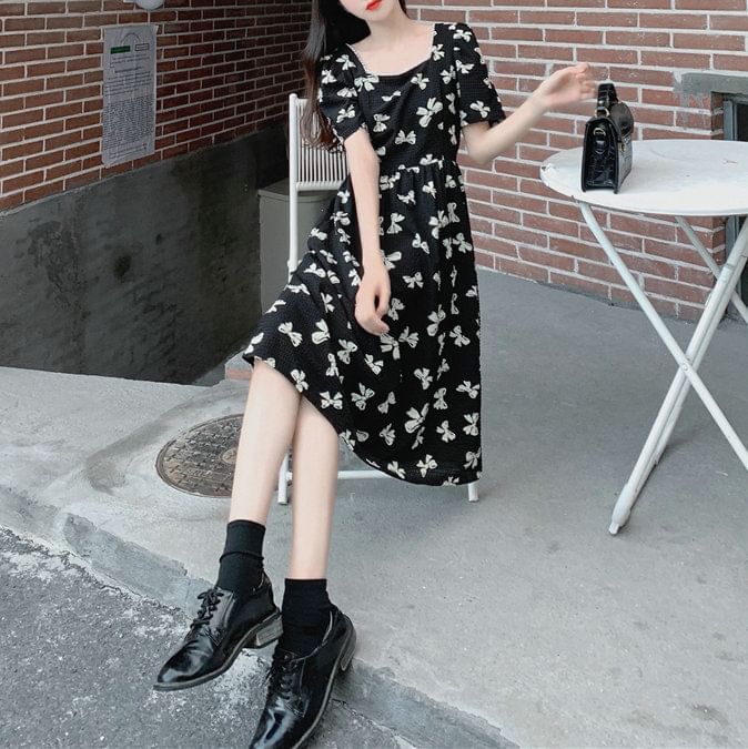 Short-Sleeve Square Neck Bow Print Panel Tie Back Midi A-Line Dress