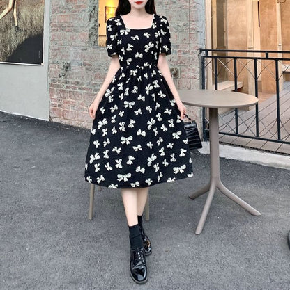 Short-Sleeve Square Neck Bow Print Panel Tie Back Midi A-Line Dress