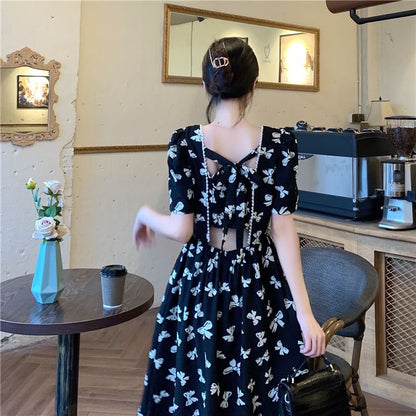 Short-Sleeve Square Neck Bow Print Panel Tie Back Midi A-Line Dress