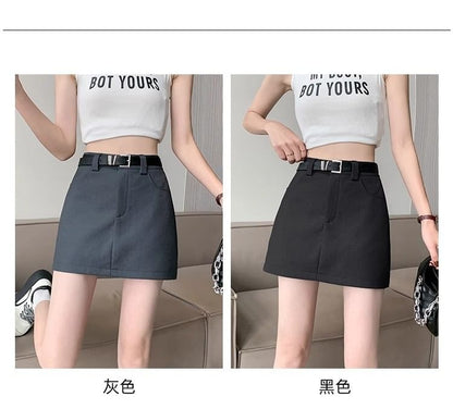 Set: High Waist Plain Mini A-Line Skirt + Belt
