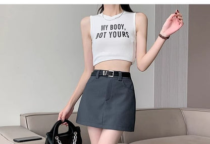 Set: High Waist Plain Mini A-Line Skirt + Belt
