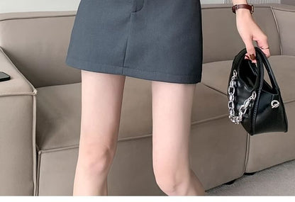 Set: High Waist Plain Mini A-Line Skirt + Belt