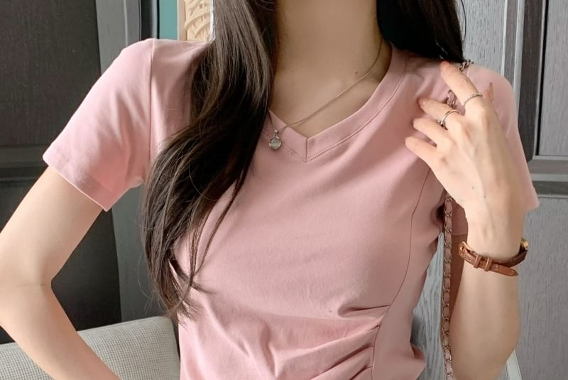 Short-Sleeve V-Neck Plain Ruched Asymmetrical T-Shirt