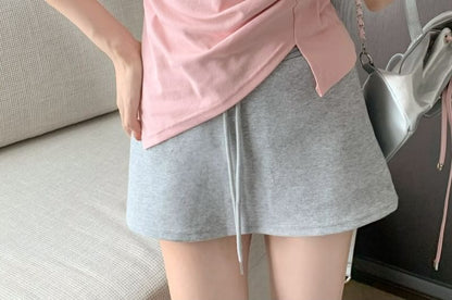 Short-Sleeve V-Neck Plain Ruched Asymmetrical T-Shirt