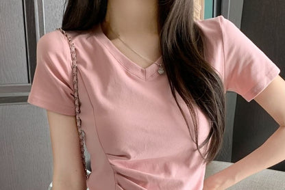 Short-Sleeve V-Neck Plain Ruched Asymmetrical T-Shirt