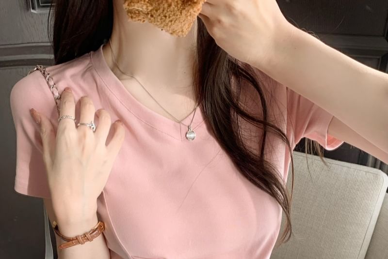 Short-Sleeve V-Neck Plain Ruched Asymmetrical T-Shirt