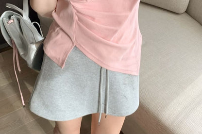 Short-Sleeve V-Neck Plain Ruched Asymmetrical T-Shirt