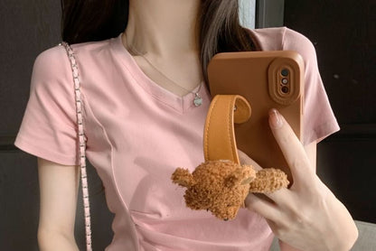 Short-Sleeve V-Neck Plain Ruched Asymmetrical T-Shirt