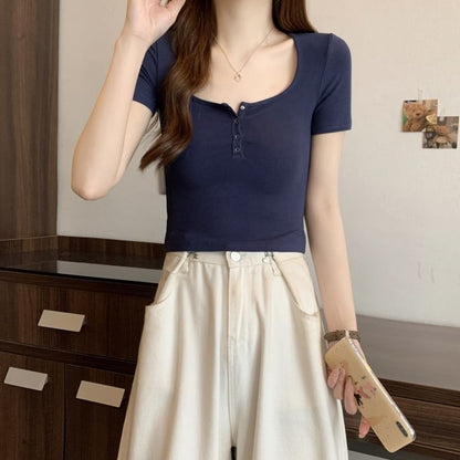 Short-Sleeve Henley Plain Tee