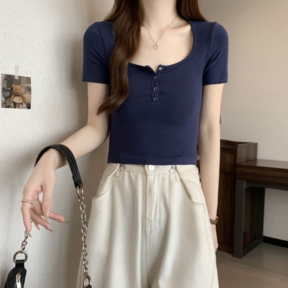 Short-Sleeve Henley Plain Tee