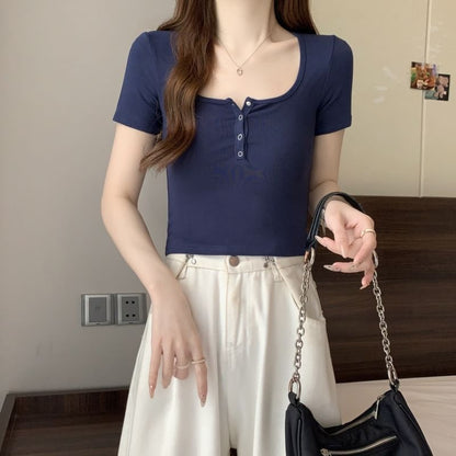 Short-Sleeve Henley Plain Tee