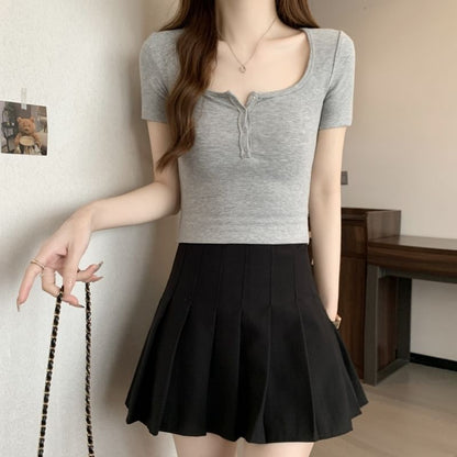 Short-Sleeve Henley Plain Tee