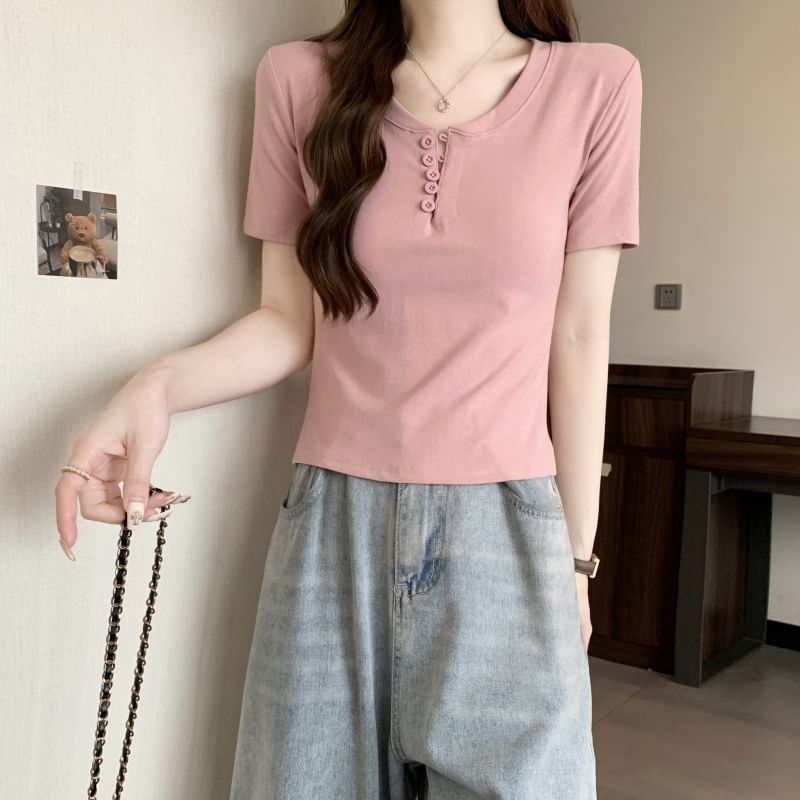 Short-Sleeve Henley Plain T-Shirt